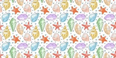 Seamless pattern with seashell and starfish with bubble in flat style. Ocean 스톡 일러스트