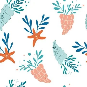 Seamless pattern with seashells algae and starfish. Vector seamless sea patte イラスト素材