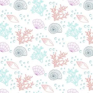 Seamless pattern with seashells and corals. Marine background. Perfect for g Illustrazione stock