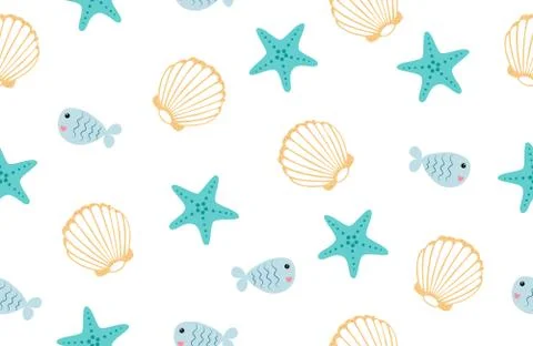Seamless pattern with seashells and fish stock vector illustration Stock Illustration