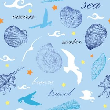 Seamless pattern with seashells and gulls Stock Illustration