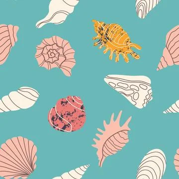 Seamless Pattern with Seashells and Ocean Elements on Turquoise Background... Ilustração Stock