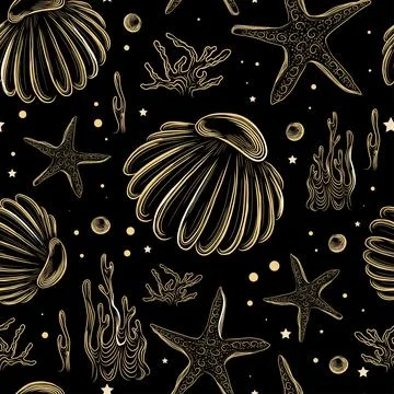 Seamless pattern with seashells and starfish. Magic mood pattern. Black backg Illustrazione stock