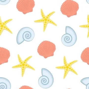 Seamless pattern. Seashells and a starfish in the cartoon style. Summer, beac Illustrazione stock