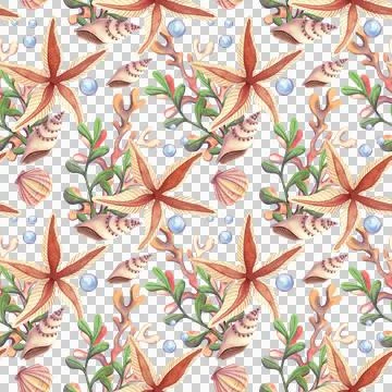 Seamless pattern with seashells and stars. Hand drawn watercolor illustration Stock Illustration