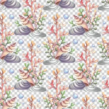 Seamless pattern with seashells and stars. Hand drawn watercolor illustration Ilustração Stock