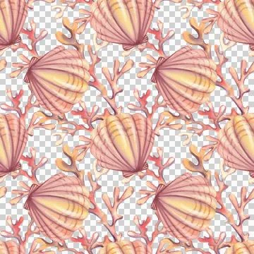 Seamless pattern with seashells and stars. Hand drawn watercolor illustration 库存插图