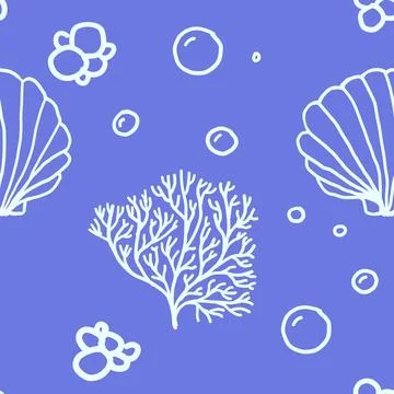 Seamless Pattern With Seashells On Blue Background doodle style pattern. vector Illustrazione stock