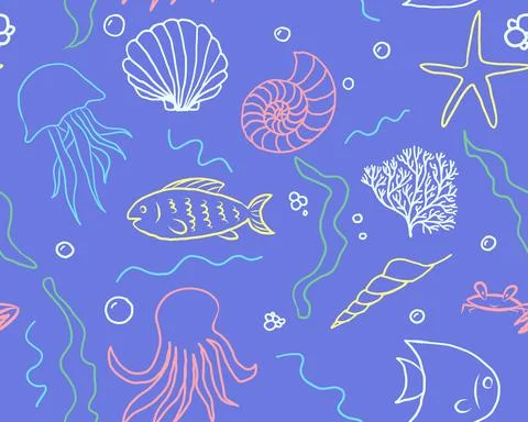 Seamless Pattern With Seashells On Blue Background doodle style pattern. vector Illustrazione stock