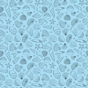 Seamless pattern from seashells in a contour on a blue background. Doodle ill イラスト素材