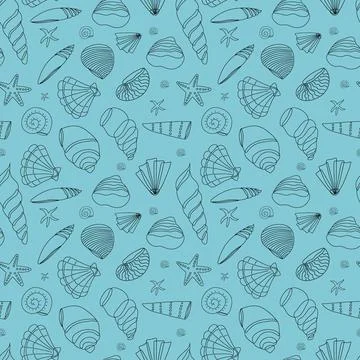 Seamless pattern from seashells in a contour on a blue background. Doodle ill Stock Illustration