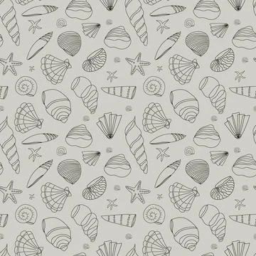 Seamless pattern of seashells in a contour on a gray background. Doodle illus 스톡 일러스트