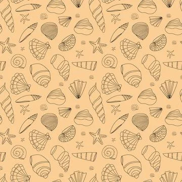 Seamless pattern from seashells in a contour on an orange background. Doodle  Illustrazione stock