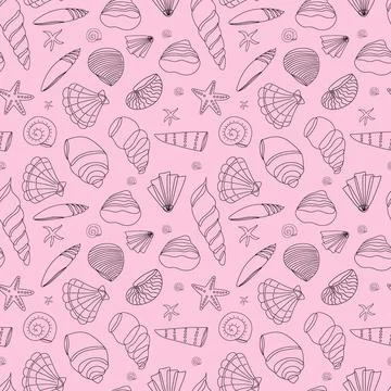 Seamless pattern of seashells in a contour on a pink background. Doodle illus Illustrazione stock
