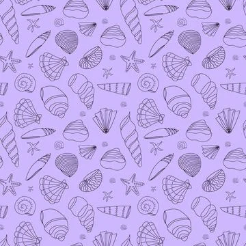 Seamless pattern from seashells in a contour on a purple background. Doodle i Stockillustratie