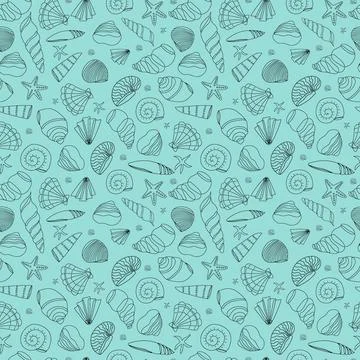 Seamless pattern of seashells in a contour on a turquoise background. Doodle  Stock Illustration