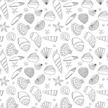 Seamless pattern of seashells in a contour on a white background. Doodle illu Stock Illustration