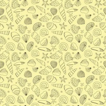 Seamless pattern from seashells in a contour on a yellow background. Stock Illustration
