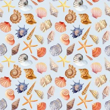 Seamless pattern with seashells, coral and starfish. Marine background 스톡 일러스트