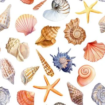 Seamless pattern with seashells, coral and starfish. Marine background Stock Illustration
