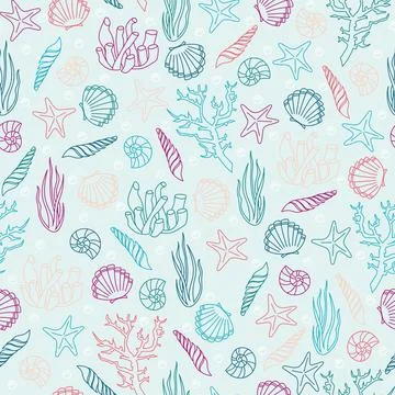 Seamless pattern with seashells, corals and starfishes. Marine background. Ve Stock Illustration