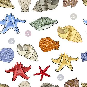 Seamless pattern with seashells isolate on white background. Excellent print  Stock Illustration