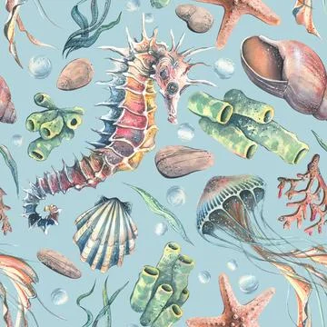 Seamless pattern with seashells, jellyfish seaweed and seahorse in soft blue Stockillustratie