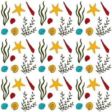 Seamless pattern with seashells, seaweed and starfishes. Marine background. Illustrazione stock