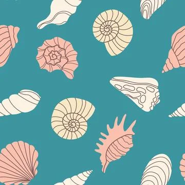 Seamless pattern with seashells. Trendy flat illustration of seashells coll.. Stock Illustration