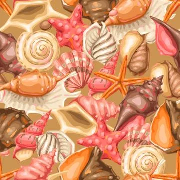 Seamless pattern with seashells. Tropical underwater mollusk shells. Illustrazione stock