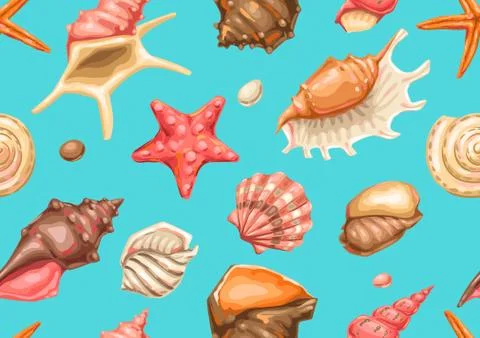 Seamless pattern with seashells. Tropical underwater mollusk shells. Illustrazione stock