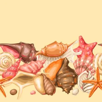 Seamless pattern with seashells. Tropical underwater mollusk shells. Stock Illustration