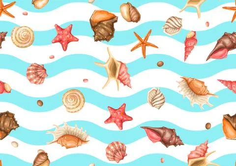 Seamless pattern with seashells. Tropical underwater mollusk shells. 스톡 일러스트