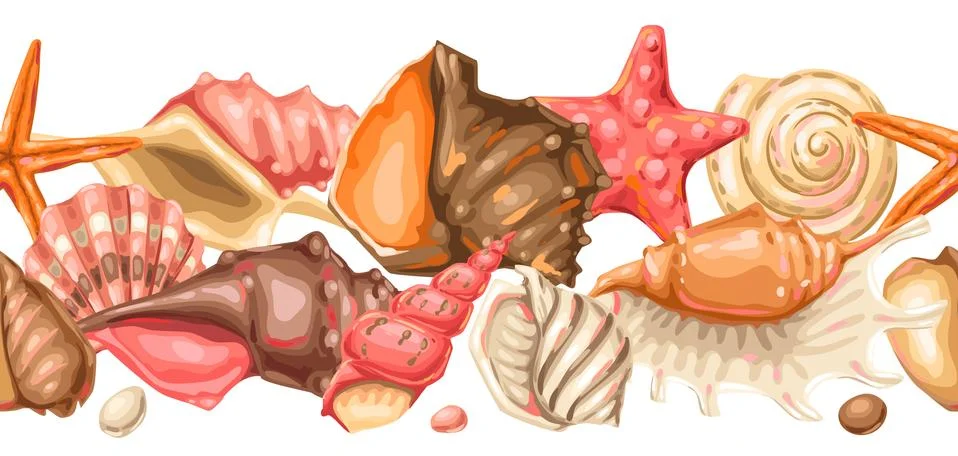 Seamless pattern with seashells. Tropical underwater mollusk shells. Illustrazione stock