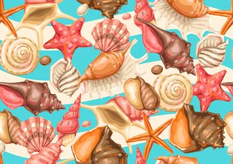 Seamless pattern with seashells. Tropical underwater mollusk shells. Stock Illustration
