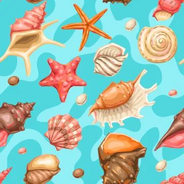 Seamless pattern with seashells. Tropical underwater mollusk shells. Illustrazione stock