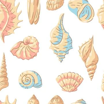 Seamless pattern with seashells. Tropical underwater mollusk shells decorativ 스톡 일러스트