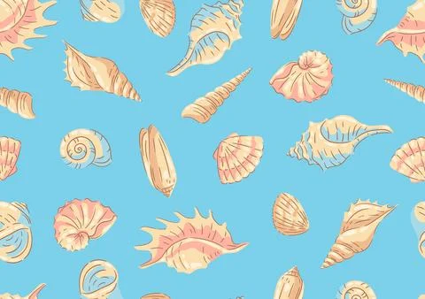Seamless pattern with seashells. Tropical underwater mollusk shells decorativ 스톡 일러스트