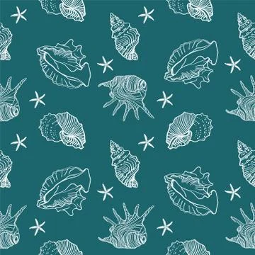 Seamless pattern with seashells. Vector composition template with nautical Stock Illustration