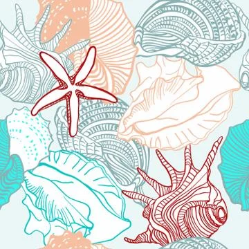 Seamless pattern with seashells. Vector composition template with nautical Stock Illustration