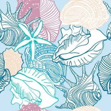 Seamless pattern with seashells. Vector composition template with nautical 스톡 일러스트