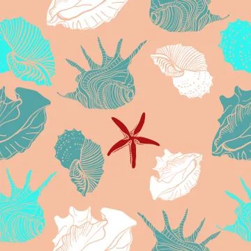 Seamless pattern with seashells. Vector composition template with nautical Stock Illustration