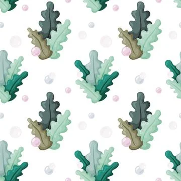 Seamless Pattern with Seaweed and Bubbles on White Background Stock Illustration