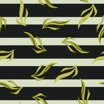 Seamless pattern seaweed on black green striped background. Marine flora temp Stock Illustration