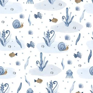 Seamless pattern with seaweed, fish, snails and jellyfish Stock Illustration