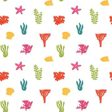 Seamless pattern of seaweeds. Underwater plants background. Isolated Marine L Stock Illustration