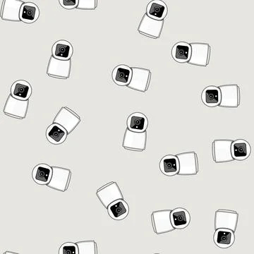 Seamless pattern security facial recognition camera cartoon vector Stock Illustration