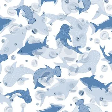Seamless pattern see-through sharks on white background. Random print with Ha Illustrazione stock