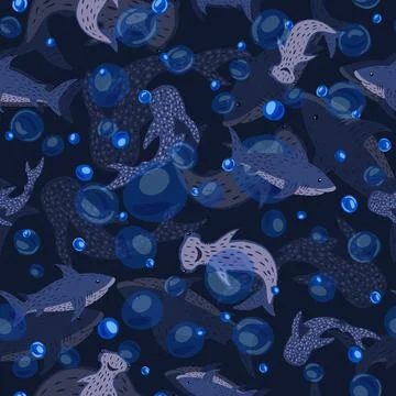 Seamless pattern see-through sharks on dark blue background. Random print wit Stock Illustration