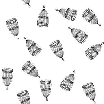 Seamless pattern seed birdcage sketch hand drawn Illustrazione stock